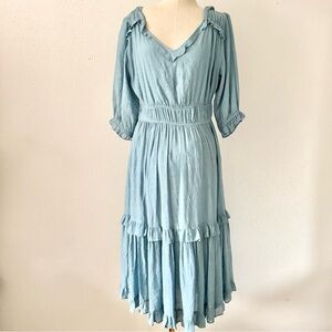 KORI Blue Short Sleeve Flutter Tiered Maxi Dress V-Neck Women's Size Medium M